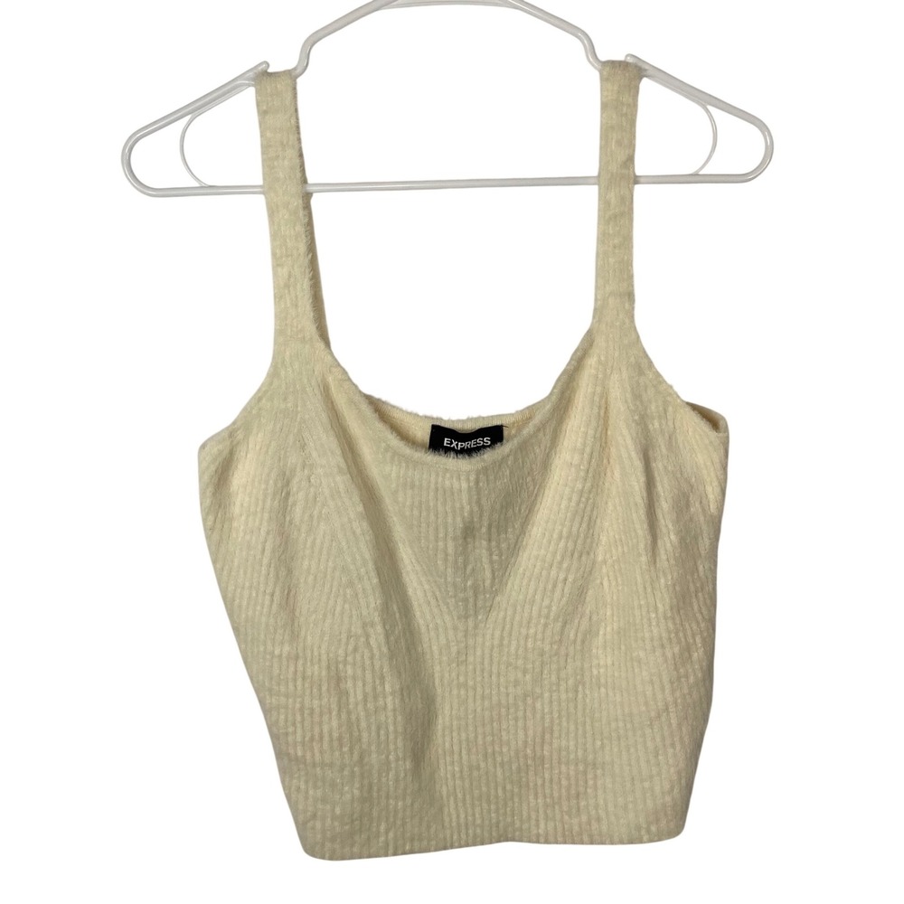 Express Womens Large Cream Fuzzy Ribbed‎ Knit Tank Top Sleeveless Sweater NWT